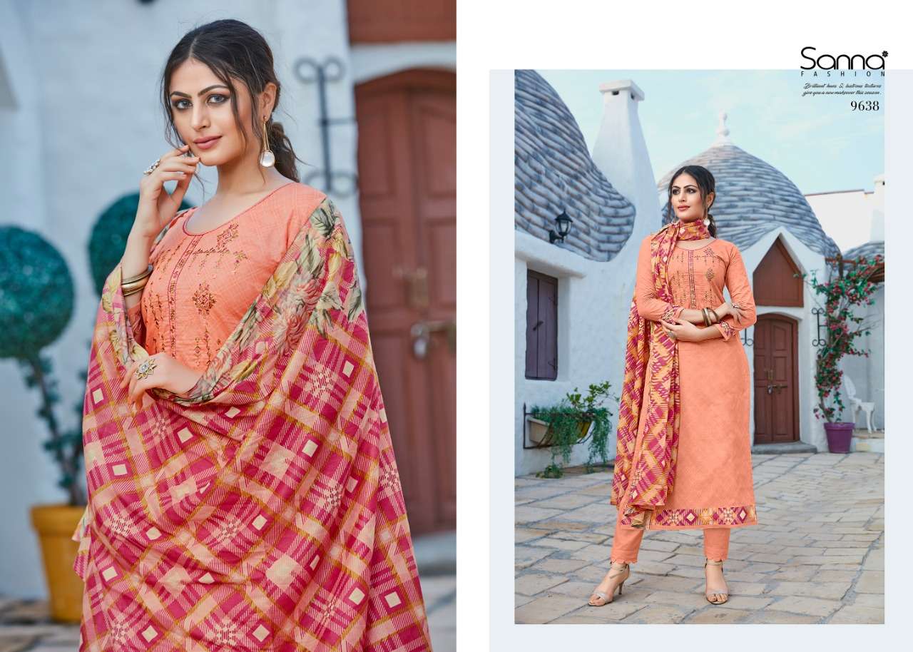 MUSE BY SANNA FASHION 9631 TO 9640 SERIES DESIGNER SUITS COLLECTION BEAUTIFUL STYLISH FANCY COLORFUL PARTY WEAR & OCCASIONAL WEAR PURE AZ COTTON JAM SILK DRESSES AT WHOLESALE PRICE