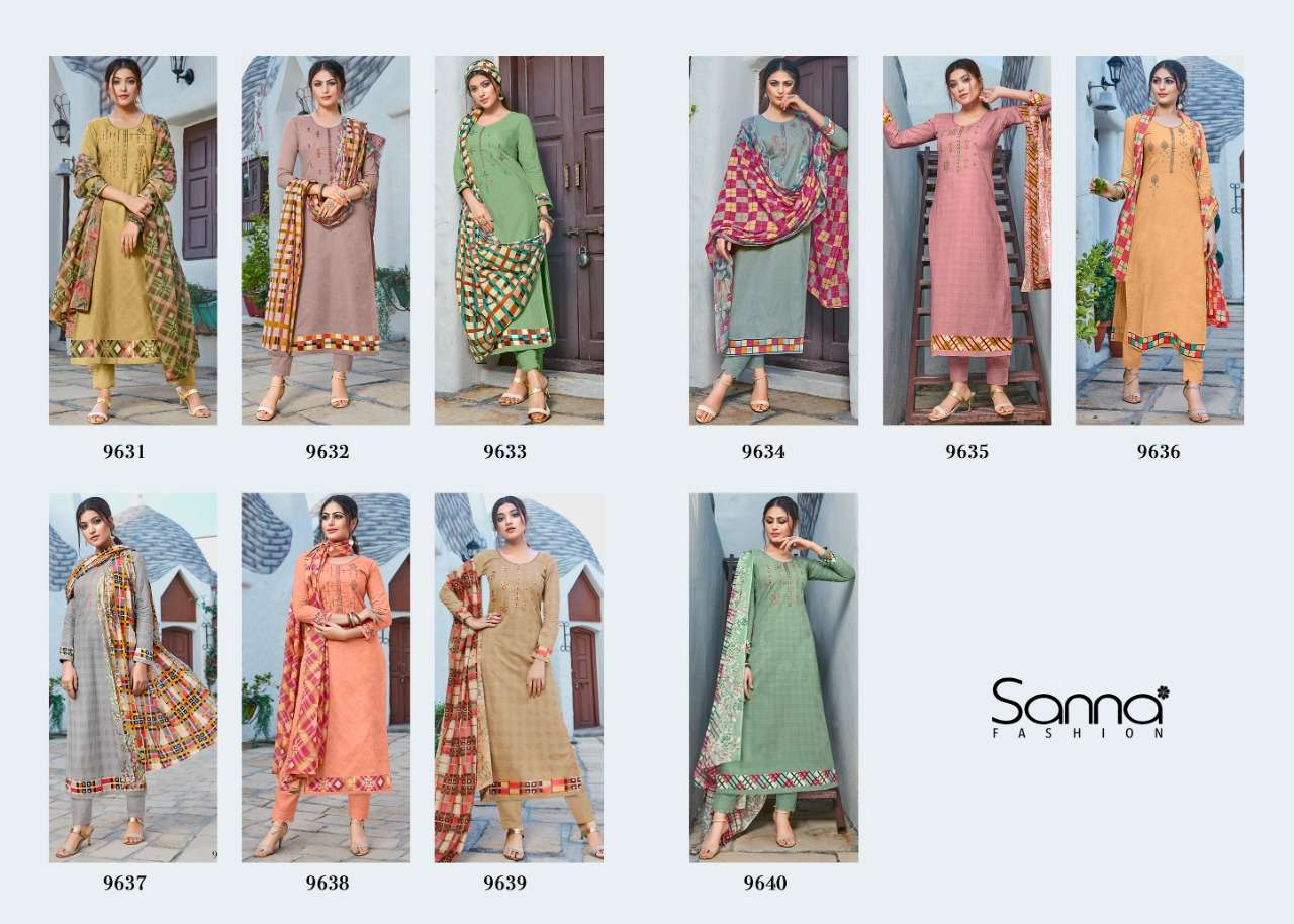 MUSE BY SANNA FASHION 9631 TO 9640 SERIES DESIGNER SUITS COLLECTION BEAUTIFUL STYLISH FANCY COLORFUL PARTY WEAR & OCCASIONAL WEAR PURE AZ COTTON JAM SILK DRESSES AT WHOLESALE PRICE