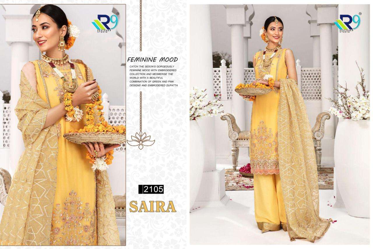 SAIRA BY R9 2104 TO 2111 DESIGNER FESTIVE SUITS COLLECTION BEAUTIFUL STYLISH FANCY COLORFUL PARTY WEAR & OCCASIONAL WEAR FAUX GEORGETTE WITH EMBROIDERED DRESSES AT WHOLESALE PRICE