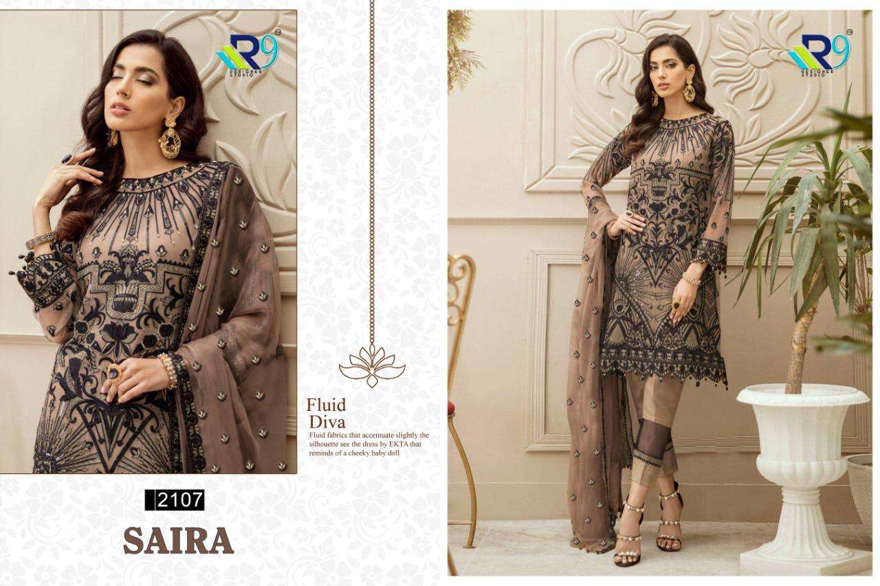 SAIRA BY R9 2104 TO 2111 DESIGNER FESTIVE SUITS COLLECTION BEAUTIFUL STYLISH FANCY COLORFUL PARTY WEAR & OCCASIONAL WEAR FAUX GEORGETTE WITH EMBROIDERED DRESSES AT WHOLESALE PRICE