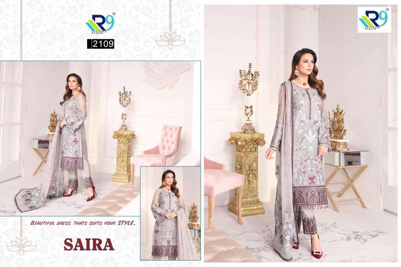 SAIRA BY R9 2104 TO 2111 DESIGNER FESTIVE SUITS COLLECTION BEAUTIFUL STYLISH FANCY COLORFUL PARTY WEAR & OCCASIONAL WEAR FAUX GEORGETTE WITH EMBROIDERED DRESSES AT WHOLESALE PRICE