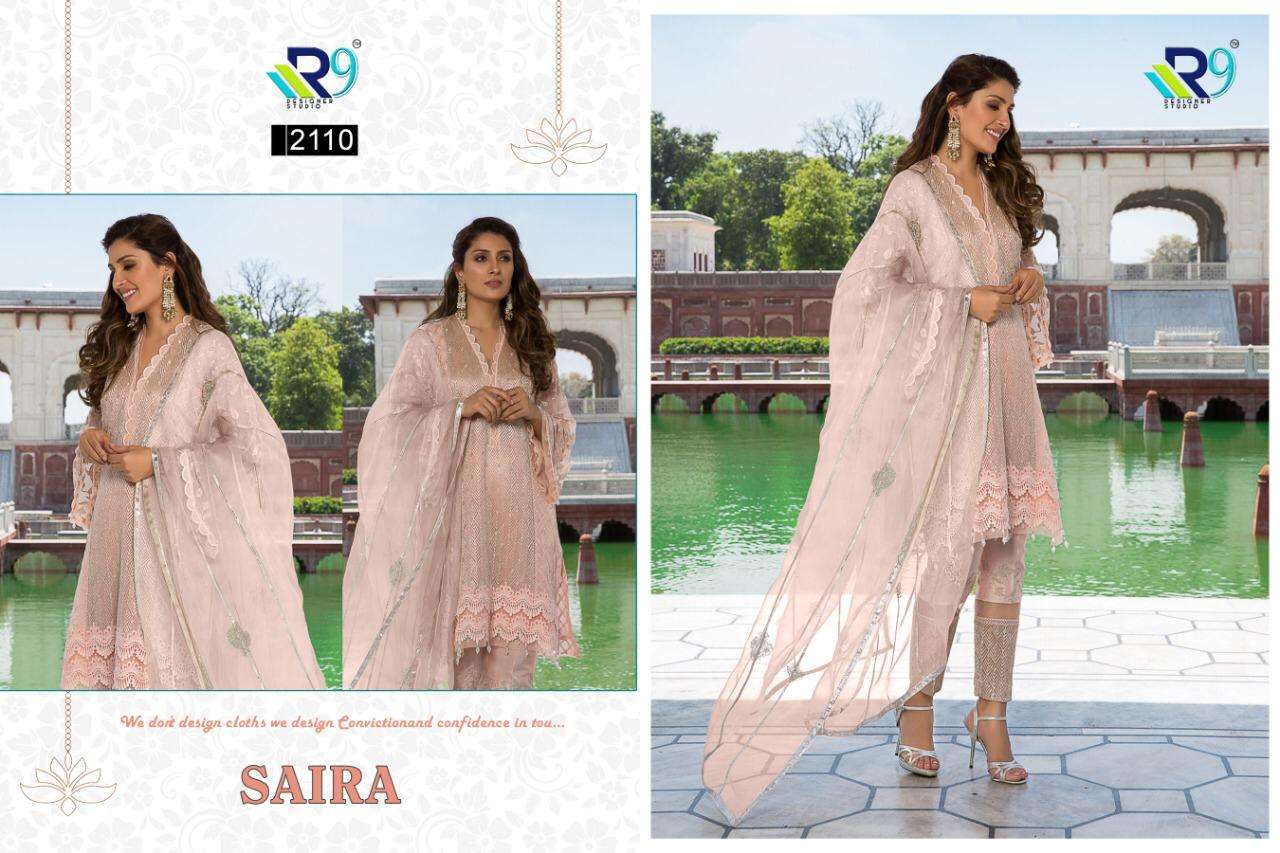 SAIRA BY R9 2104 TO 2111 DESIGNER FESTIVE SUITS COLLECTION BEAUTIFUL STYLISH FANCY COLORFUL PARTY WEAR & OCCASIONAL WEAR FAUX GEORGETTE WITH EMBROIDERED DRESSES AT WHOLESALE PRICE