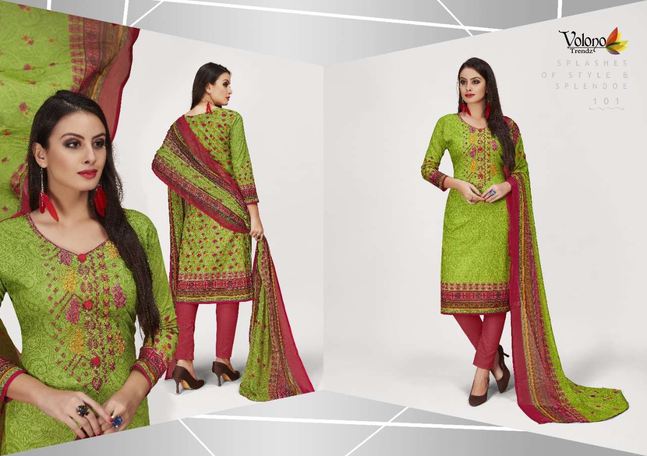 Zora By Volono Trendz 101 To 106 Series Festive Suits Collection Beautiful Stylish Fancy Colorful Party Wear & Occasional Wear Pure Cotton Printed With Embroidery Dresses At Wholesale Price