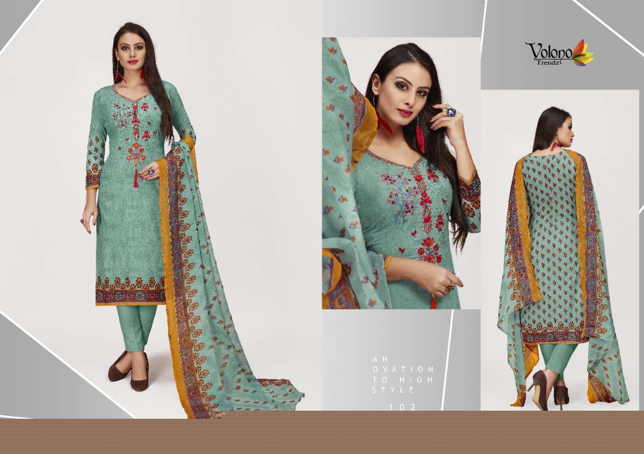 Zora By Volono Trendz 101 To 106 Series Festive Suits Collection Beautiful Stylish Fancy Colorful Party Wear & Occasional Wear Pure Cotton Printed With Embroidery Dresses At Wholesale Price