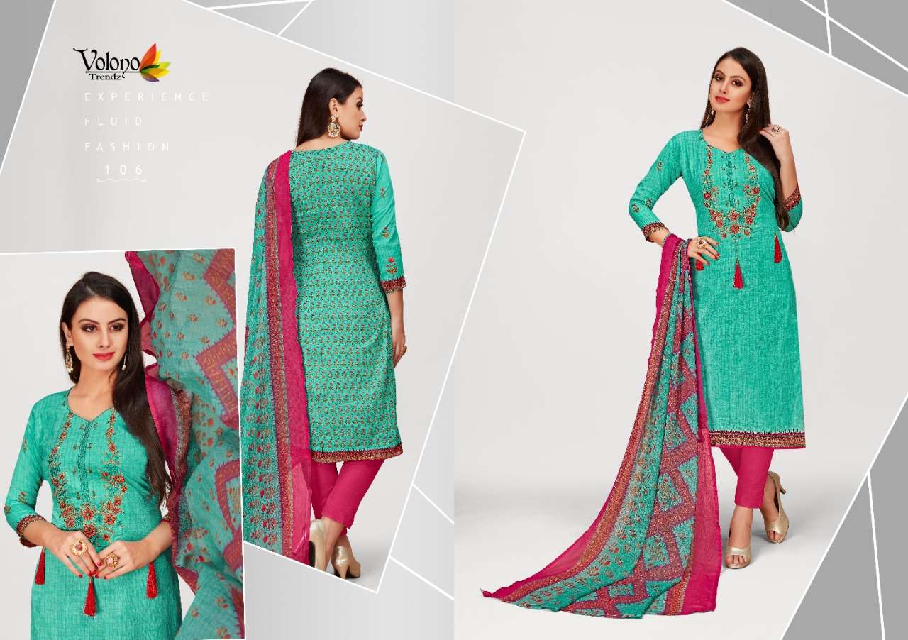 Zora By Volono Trendz 101 To 106 Series Festive Suits Collection Beautiful Stylish Fancy Colorful Party Wear & Occasional Wear Pure Cotton Printed With Embroidery Dresses At Wholesale Price
