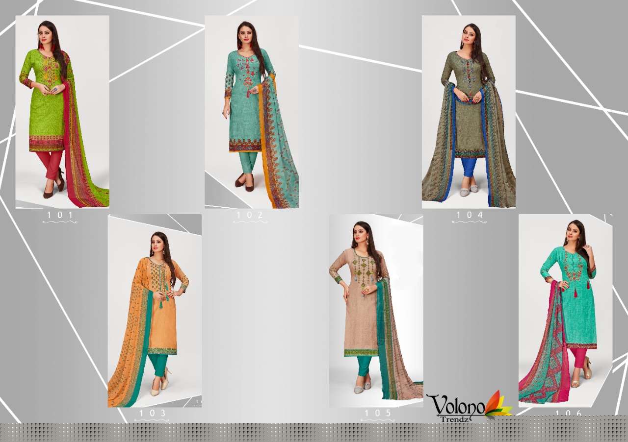 Zora By Volono Trendz 101 To 106 Series Festive Suits Collection Beautiful Stylish Fancy Colorful Party Wear & Occasional Wear Pure Cotton Printed With Embroidery Dresses At Wholesale Price