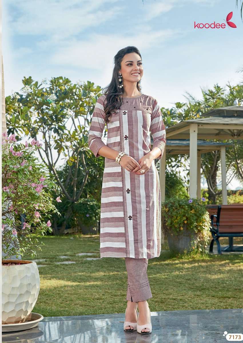 COLOUR BAR VOL-3 BY KOODEE 7173 TO 7176 SERIES STYLISH FANCY BEAUTIFUL COLORFUL CASUAL WEAR & ETHNIC WEAR LUREX RAYON KURTIS WITH BOTTOM AT WHOLESALE PRICE