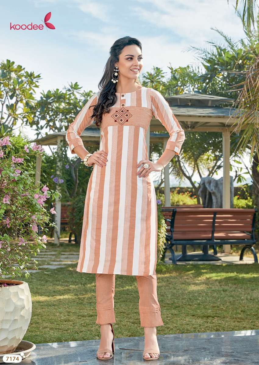 COLOUR BAR VOL-3 BY KOODEE 7173 TO 7176 SERIES STYLISH FANCY BEAUTIFUL COLORFUL CASUAL WEAR & ETHNIC WEAR LUREX RAYON KURTIS WITH BOTTOM AT WHOLESALE PRICE