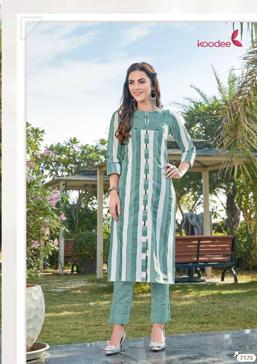 COLOUR BAR VOL-3 BY KOODEE 7173 TO 7176 SERIES STYLISH FANCY BEAUTIFUL COLORFUL CASUAL WEAR & ETHNIC WEAR LUREX RAYON KURTIS WITH BOTTOM AT WHOLESALE PRICE