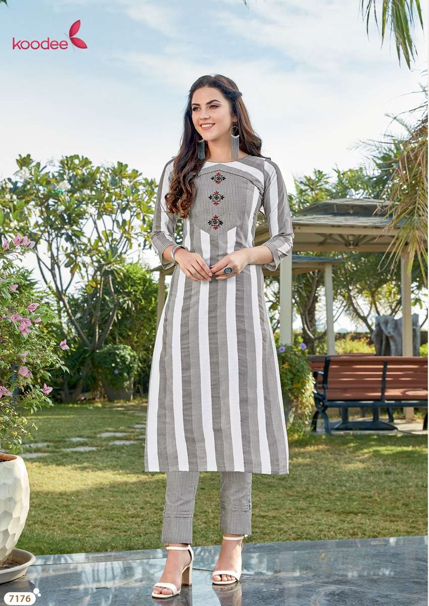 COLOUR BAR VOL-3 BY KOODEE 7173 TO 7176 SERIES STYLISH FANCY BEAUTIFUL COLORFUL CASUAL WEAR & ETHNIC WEAR LUREX RAYON KURTIS WITH BOTTOM AT WHOLESALE PRICE