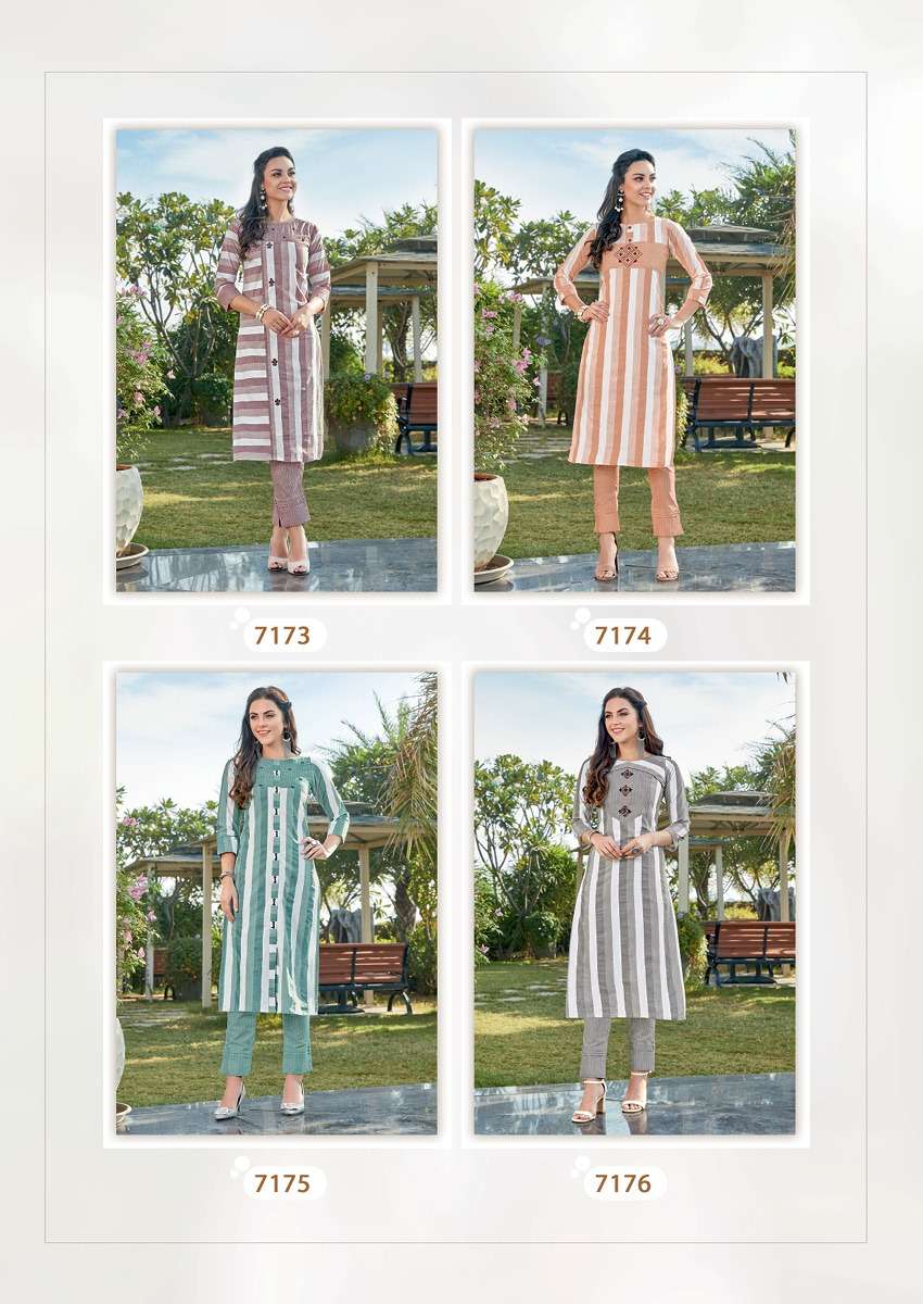 COLOUR BAR VOL-3 BY KOODEE 7173 TO 7176 SERIES STYLISH FANCY BEAUTIFUL COLORFUL CASUAL WEAR & ETHNIC WEAR LUREX RAYON KURTIS WITH BOTTOM AT WHOLESALE PRICE