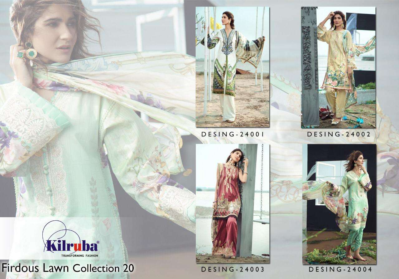 FIRDOUS LAWN COLLECTION 2020 BY KILRUBA 24001 TO 24004 SERIES PAKISTANI SUITS BEAUTIFUL FANCY COLORFUL STYLISH PARTY WEAR & OCCASIONAL WEAR LAWN DIGITAL PRINTED WITH EMBROIDERY DRESSES AT WHOLESALE PRICE