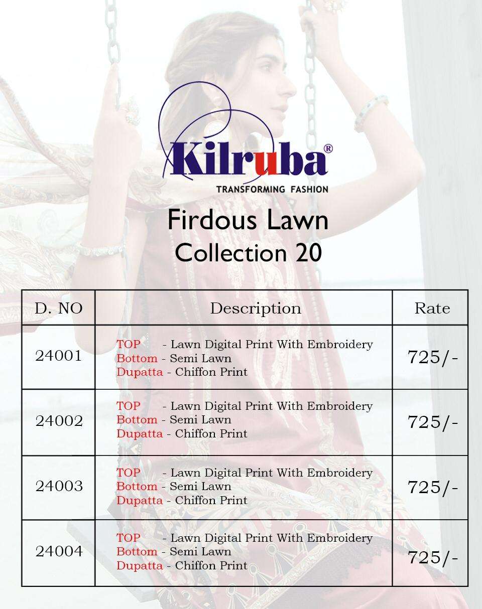 FIRDOUS LAWN COLLECTION 2020 BY KILRUBA 24001 TO 24004 SERIES PAKISTANI SUITS BEAUTIFUL FANCY COLORFUL STYLISH PARTY WEAR & OCCASIONAL WEAR LAWN DIGITAL PRINTED WITH EMBROIDERY DRESSES AT WHOLESALE PRICE