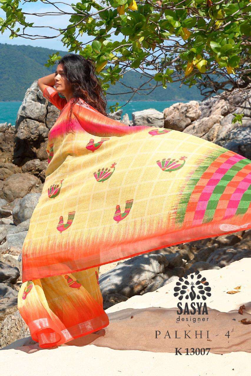 PALKHI HIT DESIGNS BY SASYA DESIGNER DESIGNER TRADITIONAL WEAR COLLECTION BEAUTIFUL FANCY COLORFUL PARTY WEAR & OCCASIONAL WEAR PURE LINEN COTTON SAREES AT WHOLESALE PRICE
