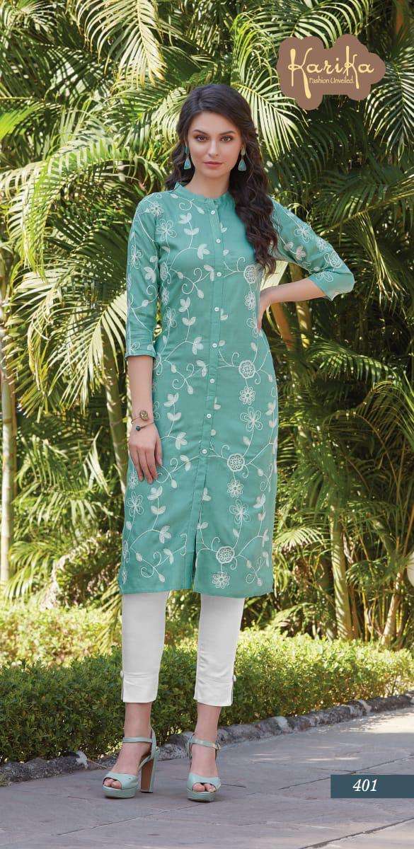 LILY BY KARIKA 401 TO 406 SERIES BEAUTIFUL STYLISH FANCY COLORFUL CASUAL WEAR & ETHNIC WEAR & READY TO WEAR RAYON EMBROIDERED KURTIS AT WHOLESALE PRICE