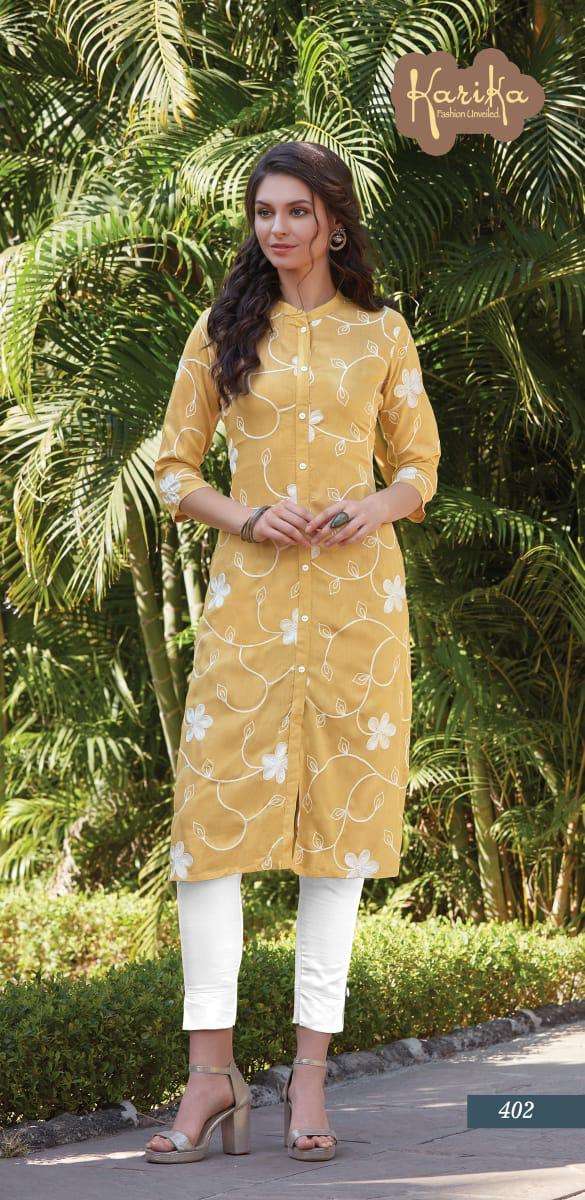 LILY BY KARIKA 401 TO 406 SERIES BEAUTIFUL STYLISH FANCY COLORFUL CASUAL WEAR & ETHNIC WEAR & READY TO WEAR RAYON EMBROIDERED KURTIS AT WHOLESALE PRICE