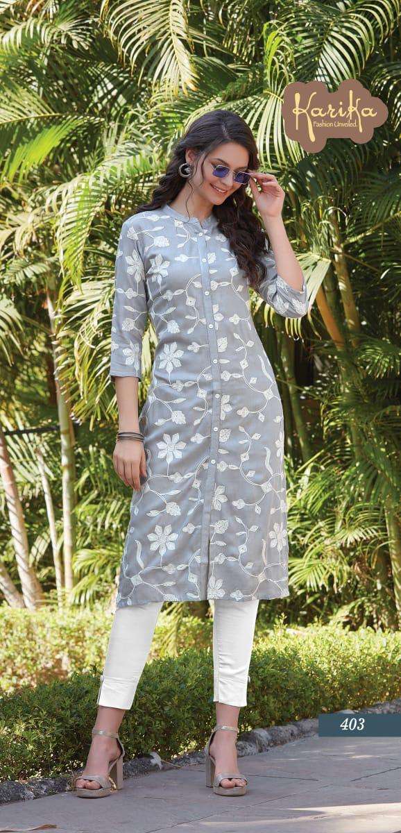 LILY BY KARIKA 401 TO 406 SERIES BEAUTIFUL STYLISH FANCY COLORFUL CASUAL WEAR & ETHNIC WEAR & READY TO WEAR RAYON EMBROIDERED KURTIS AT WHOLESALE PRICE