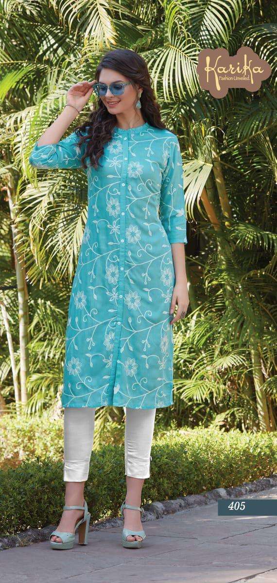 LILY BY KARIKA 401 TO 406 SERIES BEAUTIFUL STYLISH FANCY COLORFUL CASUAL WEAR & ETHNIC WEAR & READY TO WEAR RAYON EMBROIDERED KURTIS AT WHOLESALE PRICE