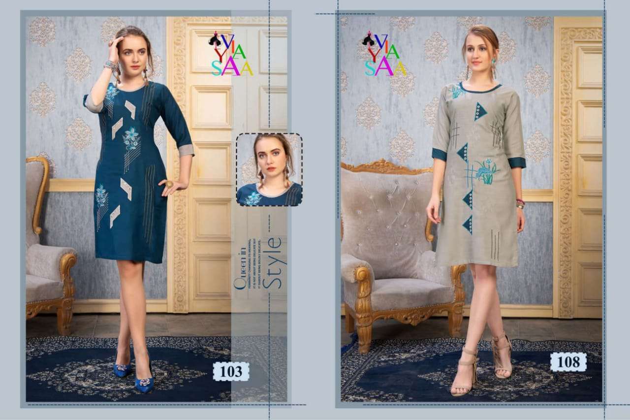 MUSKAN BY VIYASSA 101 TO 110 SERIES BEAUTIFUL STYLISH FANCY COLORFUL CASUAL WEAR & ETHNIC WEAR & READY TO WEAR RAYON EMBROIDERED KURTIS AT WHOLESALE PRICE