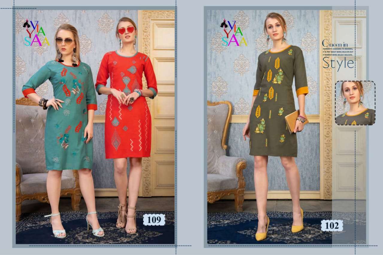 MUSKAN BY VIYASSA 101 TO 110 SERIES BEAUTIFUL STYLISH FANCY COLORFUL CASUAL WEAR & ETHNIC WEAR & READY TO WEAR RAYON EMBROIDERED KURTIS AT WHOLESALE PRICE