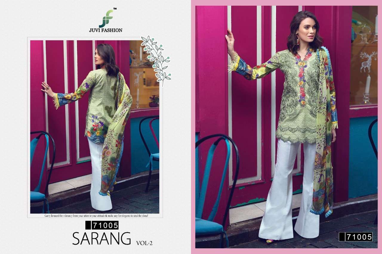 SARANG VOL-2 BY JUVI FASHION 71001 TO 71005 SERIES DESIGNER PAKISTANI SUITS BEAUTIFUL FANCY STYLISH COLORFUL PARTY WEAR & OCCASIONAL WEAR PURE COTTON LAWN PRINTED DRESSES AT WHOLESALE PRICE