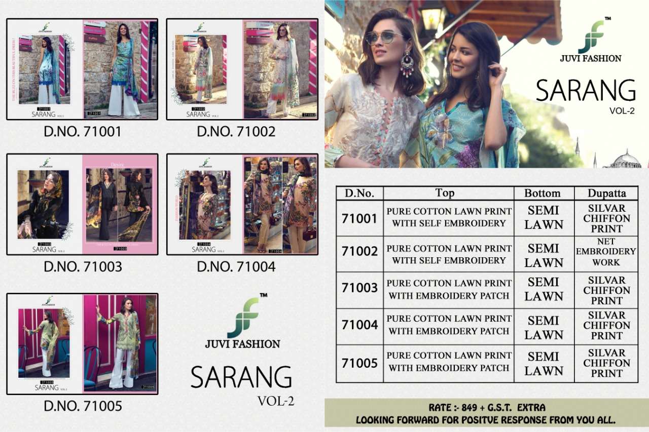 SARANG VOL-2 BY JUVI FASHION 71001 TO 71005 SERIES DESIGNER PAKISTANI SUITS BEAUTIFUL FANCY STYLISH COLORFUL PARTY WEAR & OCCASIONAL WEAR PURE COTTON LAWN PRINTED DRESSES AT WHOLESALE PRICE