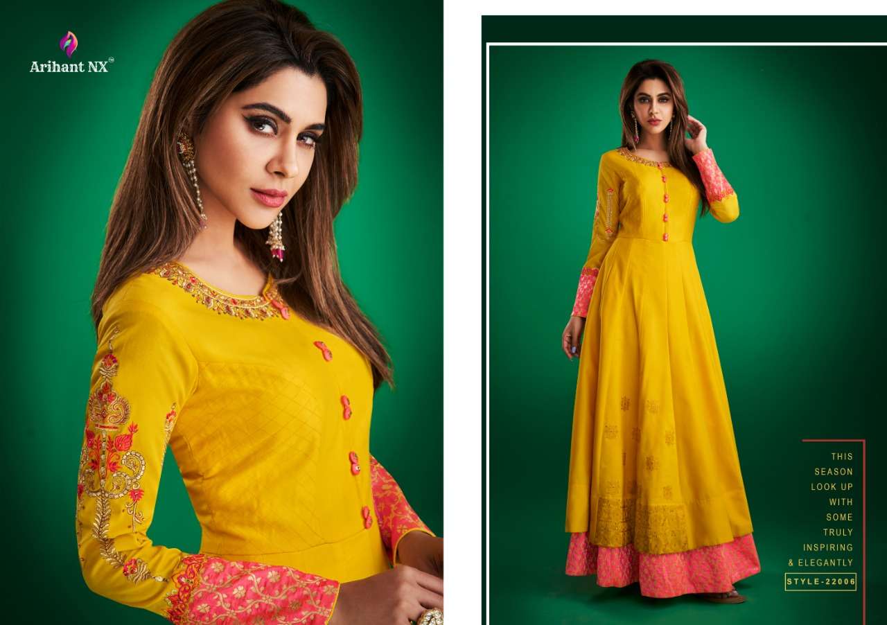 Amorina Vol-2 By Arihant Designer 22006 To 22010 Series Designer Bridal Wear Collection Beautiful Stylish Fancy Colorful Party Wear & Occasional Wear Tapeta Satin Soft With Maslin Gowns At Wholesale Price