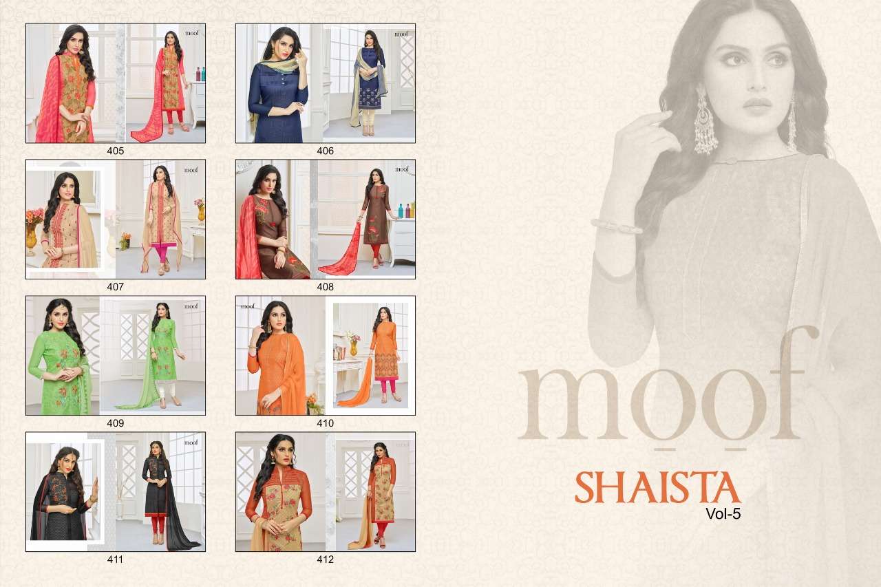 SHAISTA VOL-5 BY MOOF FASHION 405 TO 412 SERIES BEAUTIFUL SUITS COLORFUL STYLISH FANCY CASUAL WEAR & ETHNIC WEAR MODAL WITH COTTON INNER DRESSES AT WHOLESALE PRICE