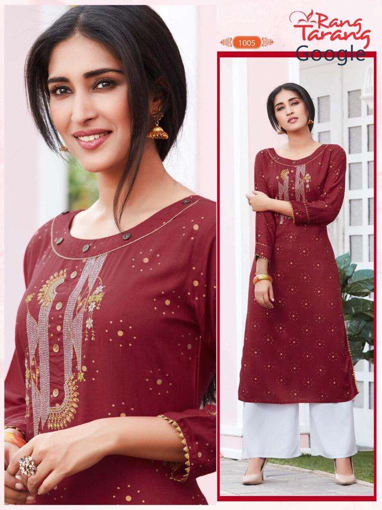 GOOGLE BY RANG TRANG 1001 TO 1006 SERIES BEAUTIFUL COLORFUL STYLISH FANCY CASUAL WEAR & ETHNIC WEAR & READY TO WEAR RAYON PRINTED KURTIS AT WHOLESALE PRICE