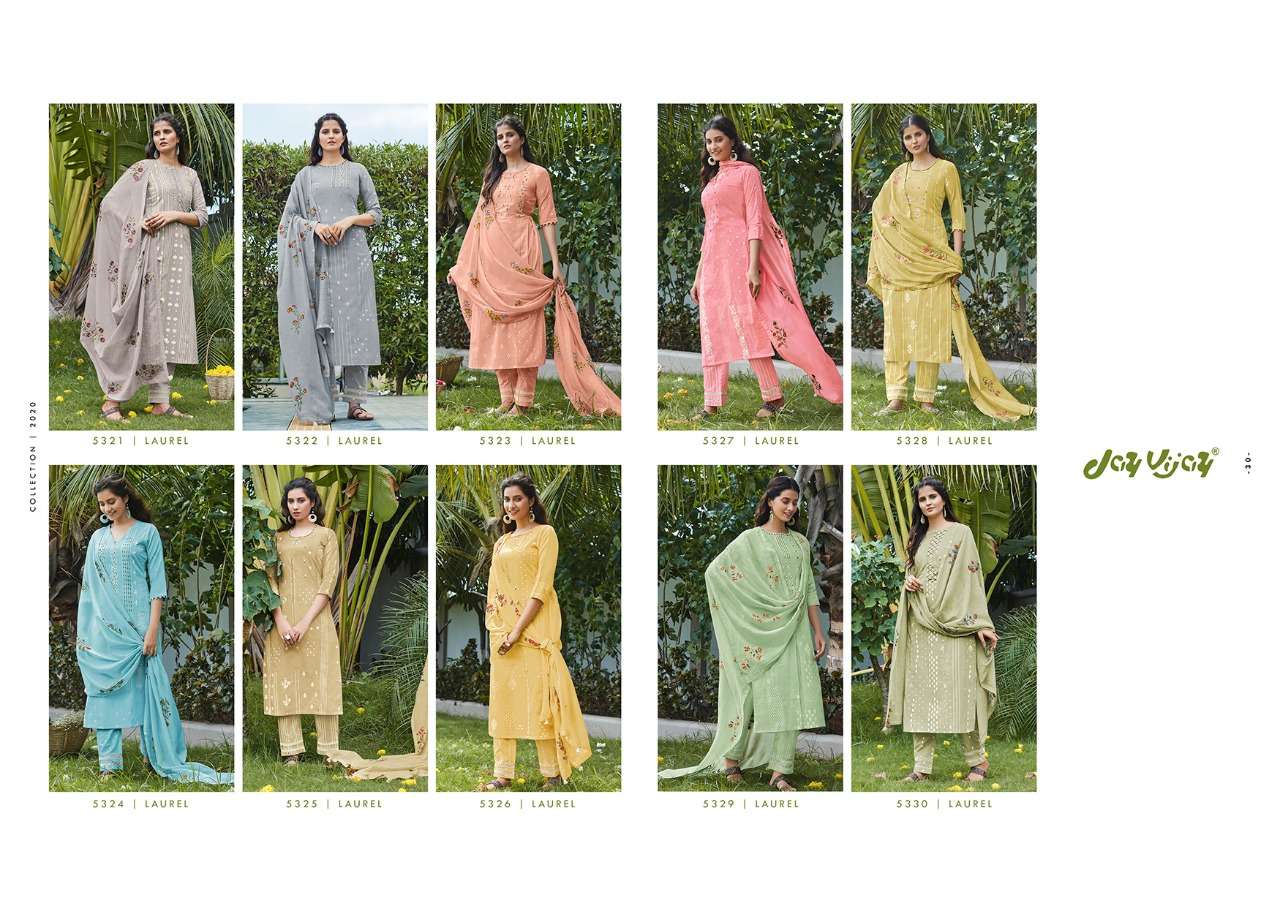 LAUREL VOL-2 BY JAY VIJAY 5321 TO 5330 SERIES BEAUTIFUL SUITS STYLISH FANCY COLORFUL PARTY WEAR & ETHNIC WEAR LAWN COTTON KHADI PRINTED DRESSES AT WHOLESALE PRICE