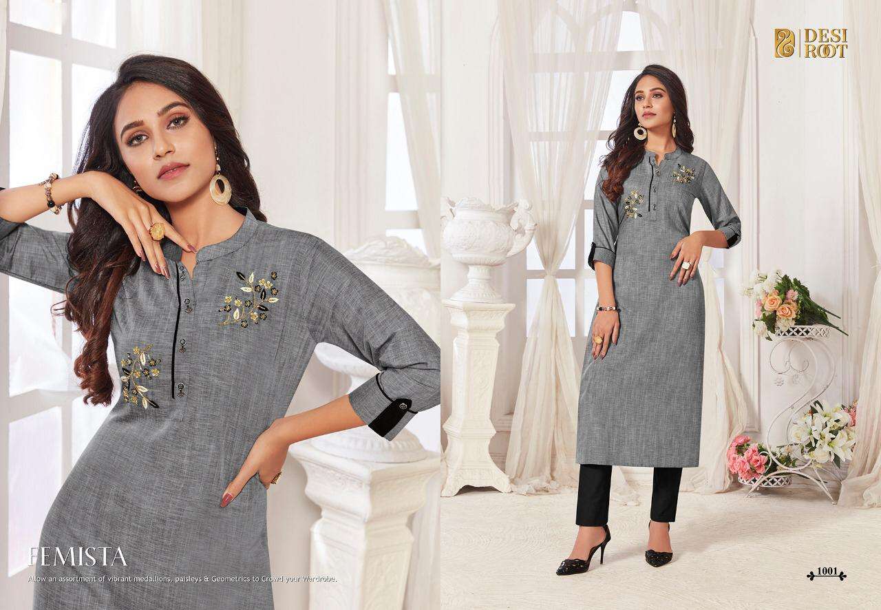 FEMISTA BY DESI ROOT 1001 TO 1008 SERIES BEAUTIFUL COLORFUL STYLISH FANCY CASUAL WEAR & ETHNIC WEAR & READY TO WEAR LAFER LINEN PRINTED KURTIS AT WHOLESALE PRICE