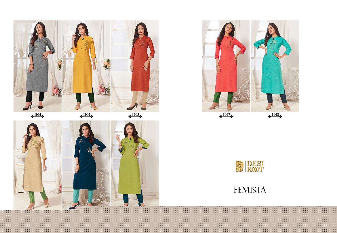 FEMISTA BY DESI ROOT 1001 TO 1008 SERIES BEAUTIFUL COLORFUL STYLISH FANCY CASUAL WEAR & ETHNIC WEAR & READY TO WEAR LAFER LINEN PRINTED KURTIS AT WHOLESALE PRICE