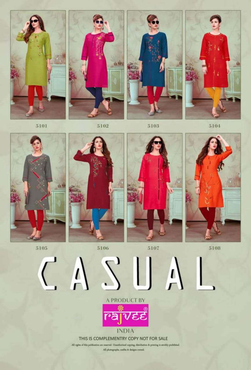 CASUAL BY RAJVEE 5101 TO 5108 SERIES BEAUTIFUL COLORFUL STYLISH FANCY CASUAL WEAR & ETHNIC WEAR & READY TO WEAR RAYON PRINTED KURTIS AT WHOLESALE PRICE