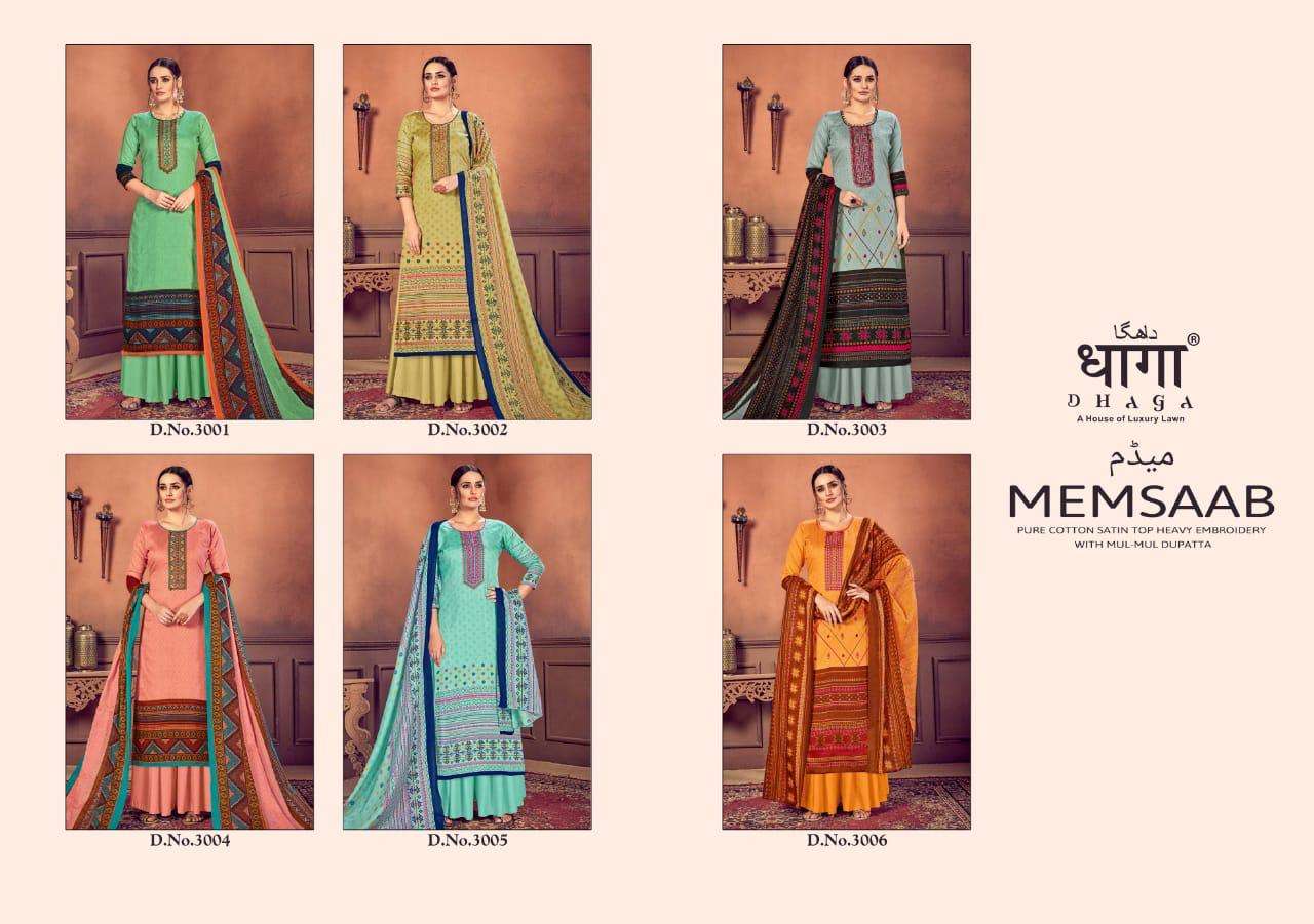 MEMSAAB BY DHAGA 3001 TO 3006 SERIES BEAUTIFUL SUITS STYLISH FANCY COLORFUL PARTY WEAR & ETHNIC WEAR PURE COTTON SATIN WITH EMBROIDERY DRESSES AT WHOLESALE PRICE