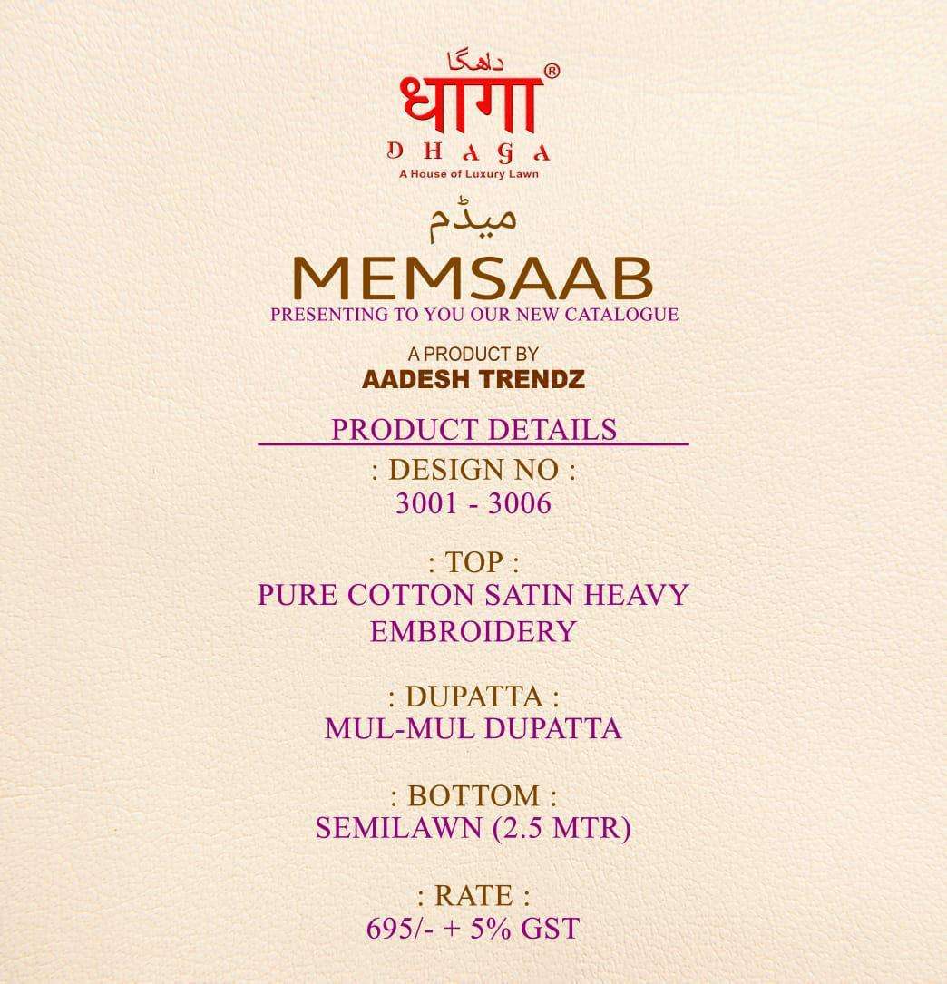 MEMSAAB BY DHAGA 3001 TO 3006 SERIES BEAUTIFUL SUITS STYLISH FANCY COLORFUL PARTY WEAR & ETHNIC WEAR PURE COTTON SATIN WITH EMBROIDERY DRESSES AT WHOLESALE PRICE