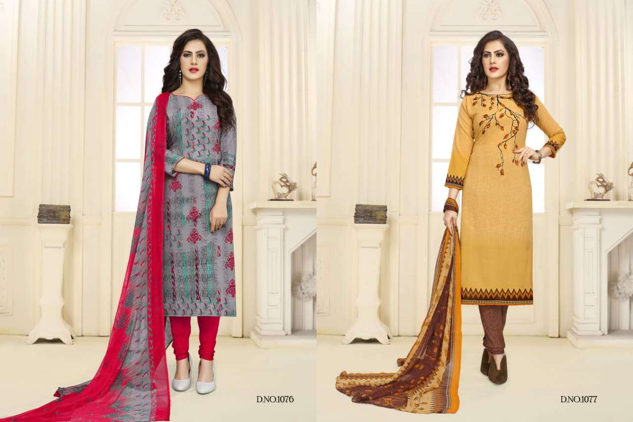 SIMAYA VOL-5 BY VISHNU PRINTS 1076 TO 1087 SERIES BEAUTIFUL SUITS STYLISH FANCY COLORFUL PARTY WEAR & ETHNIC WEAR LEYON PRINTED DRESSES AT WHOLESALE PRICE