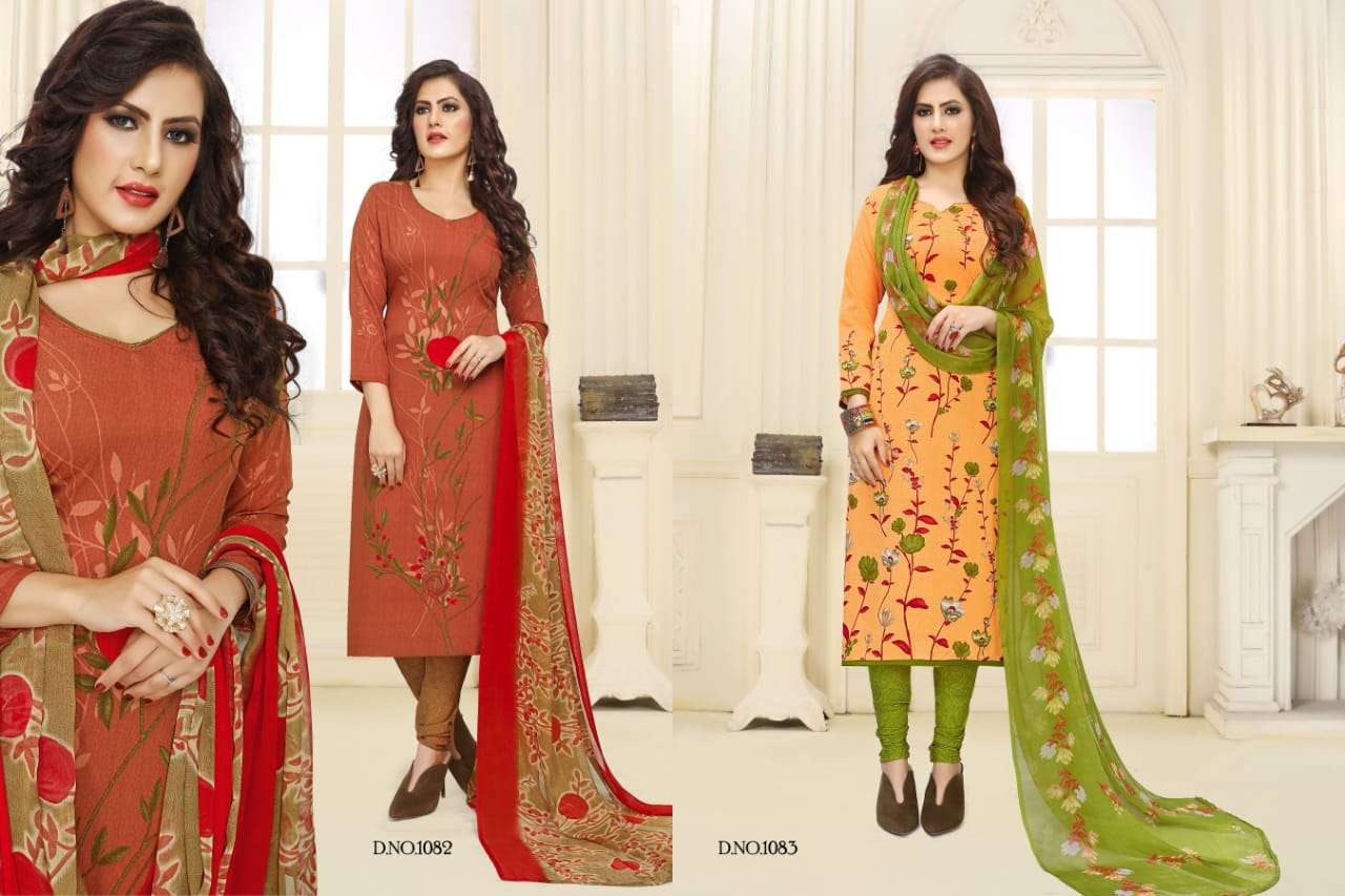 SIMAYA VOL-5 BY VISHNU PRINTS 1076 TO 1087 SERIES BEAUTIFUL SUITS STYLISH FANCY COLORFUL PARTY WEAR & ETHNIC WEAR LEYON PRINTED DRESSES AT WHOLESALE PRICE
