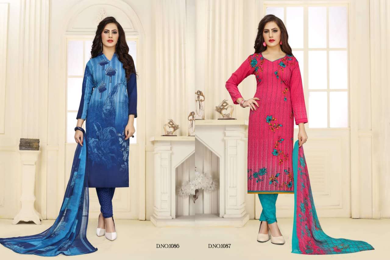 SIMAYA VOL-5 BY VISHNU PRINTS 1076 TO 1087 SERIES BEAUTIFUL SUITS STYLISH FANCY COLORFUL PARTY WEAR & ETHNIC WEAR LEYON PRINTED DRESSES AT WHOLESALE PRICE