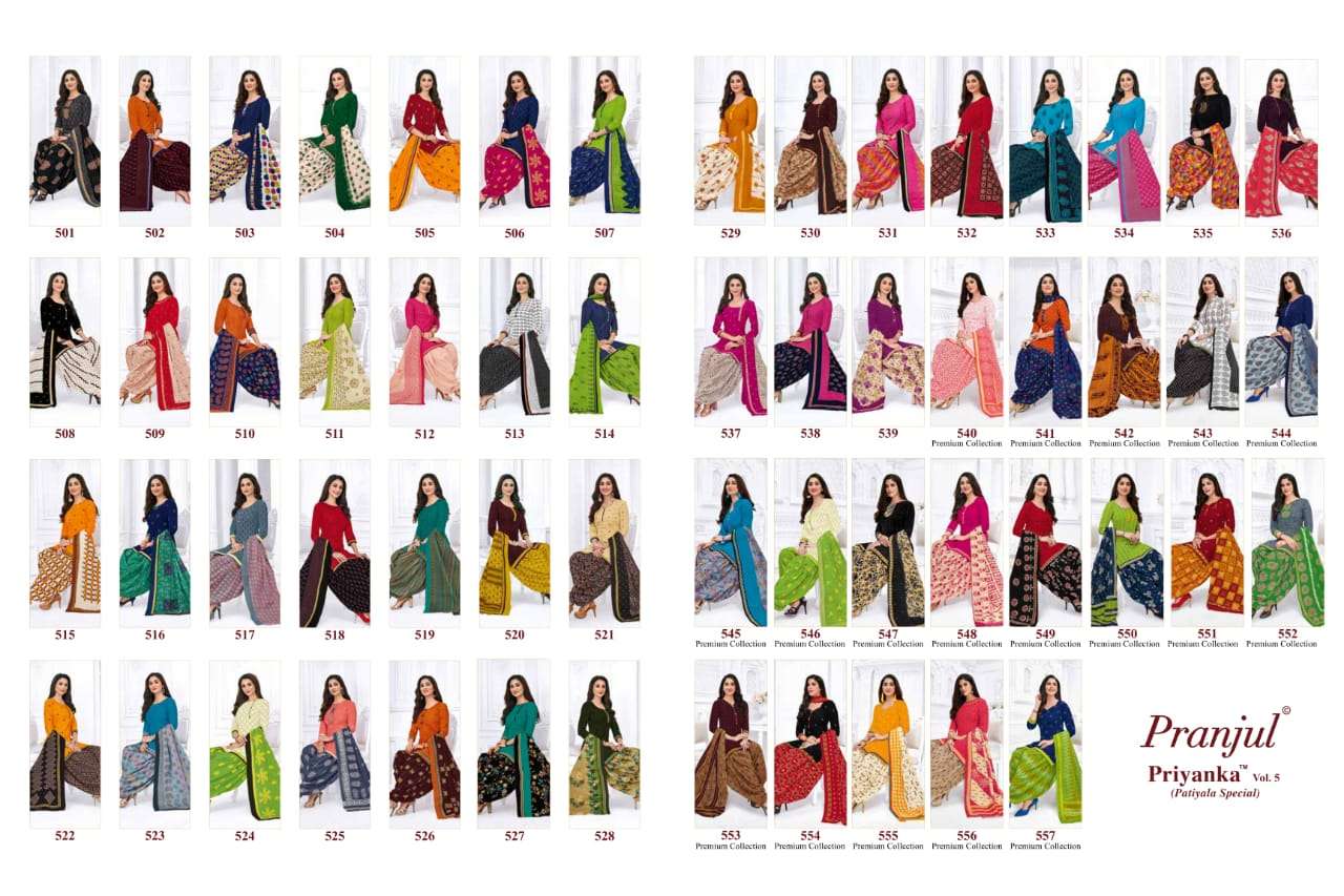 PRIYANKA VOL-5 BY PRANJUL CREATION 501 TO 530 SERIES BEAUTIFUL STYLISH PATIALA SUITS FANCY COLORFUL CASUAL WEAR & ETHNIC WEAR & READY TO WEAR COTTON PRINTED DRESSES AT WHOLESALE PRICE