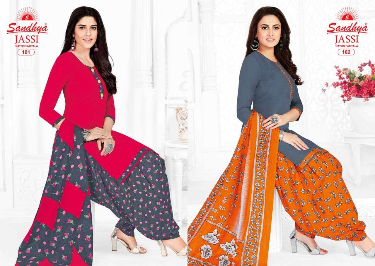 JASSI BY SANDHYA 101 TO 115 SERIES BEAUTIFUL SUITS STYLISH FANCY COLORFUL PARTY WEAR & ETHNIC WEAR RAYON PRINTED DRESSES AT WHOLESALE PRICE