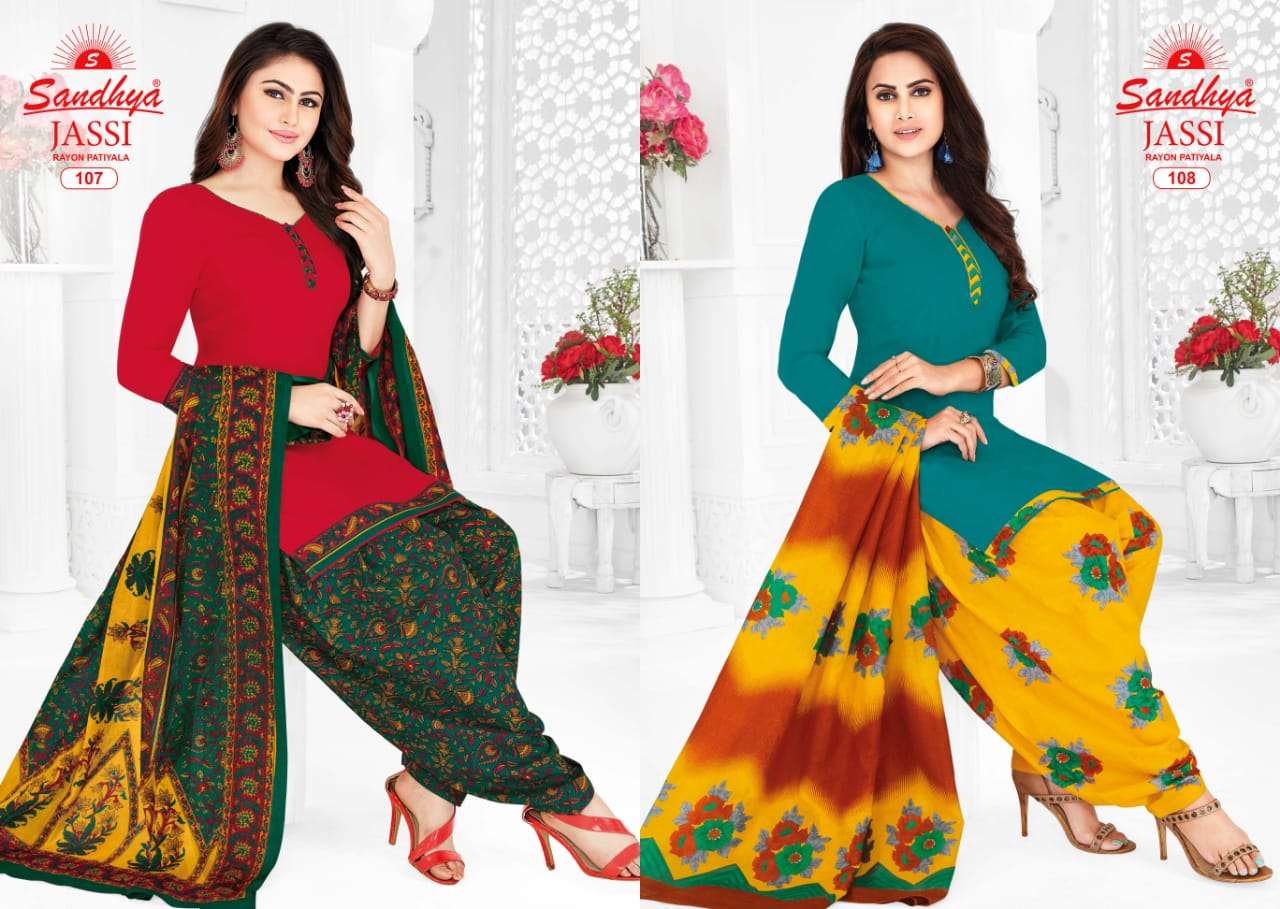 JASSI BY SANDHYA 101 TO 115 SERIES BEAUTIFUL SUITS STYLISH FANCY COLORFUL PARTY WEAR & ETHNIC WEAR RAYON PRINTED DRESSES AT WHOLESALE PRICE