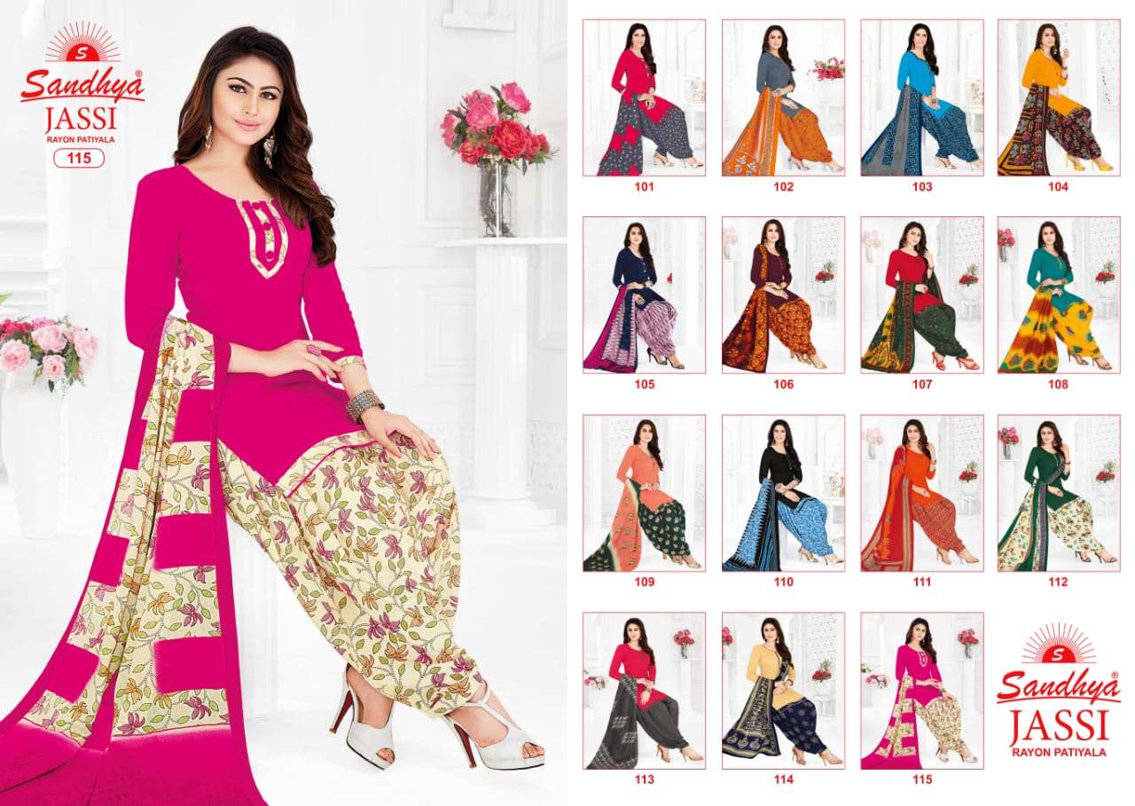 JASSI BY SANDHYA 101 TO 115 SERIES BEAUTIFUL SUITS STYLISH FANCY COLORFUL PARTY WEAR & ETHNIC WEAR RAYON PRINTED DRESSES AT WHOLESALE PRICE