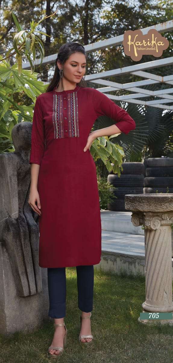 PEARL BY KARIKA 701 TO 706 SERIES DESIGNER BEAUTIFUL STYLISH FANCY COLORFUL PARTY WEAR & OCCASIONAL WEAR RAYON EMBROIDERED KURTIS AT WHOLESALE PRICE