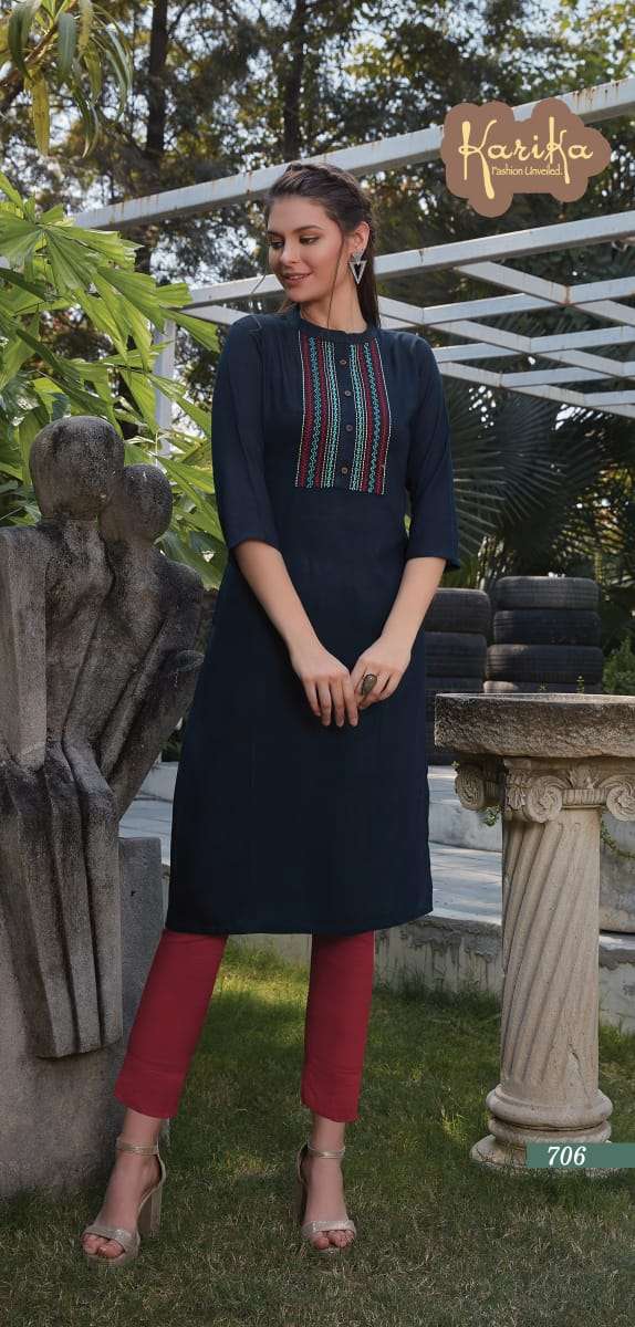 PEARL BY KARIKA 701 TO 706 SERIES DESIGNER BEAUTIFUL STYLISH FANCY COLORFUL PARTY WEAR & OCCASIONAL WEAR RAYON EMBROIDERED KURTIS AT WHOLESALE PRICE
