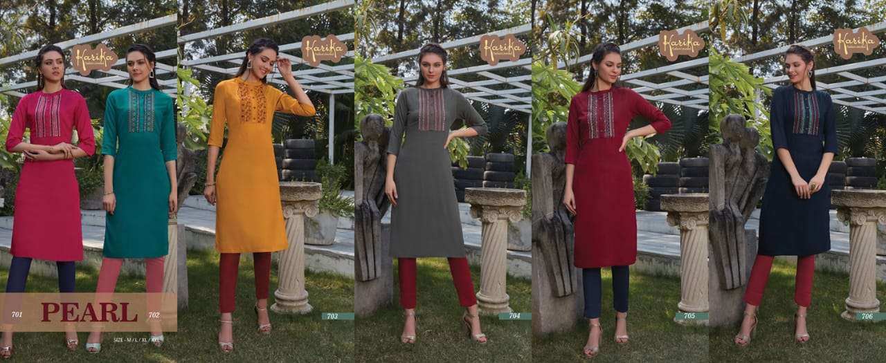 PEARL BY KARIKA 701 TO 706 SERIES DESIGNER BEAUTIFUL STYLISH FANCY COLORFUL PARTY WEAR & OCCASIONAL WEAR RAYON EMBROIDERED KURTIS AT WHOLESALE PRICE