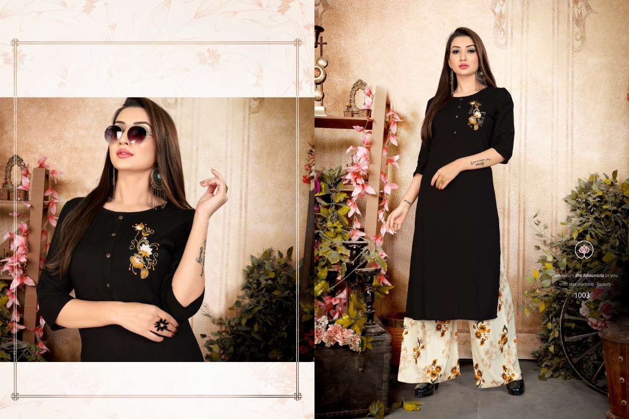 GLORINA BY VRUNDA TEX 1001 TO 1003 SERIES BEAUTIFUL COLORFUL STYLISH FANCY CASUAL WEAR & ETHNIC WEAR & READY TO WEAR HEAVY RAYON WORK KURTIS WITH BOTTOM AT WHOLESALE PRICE