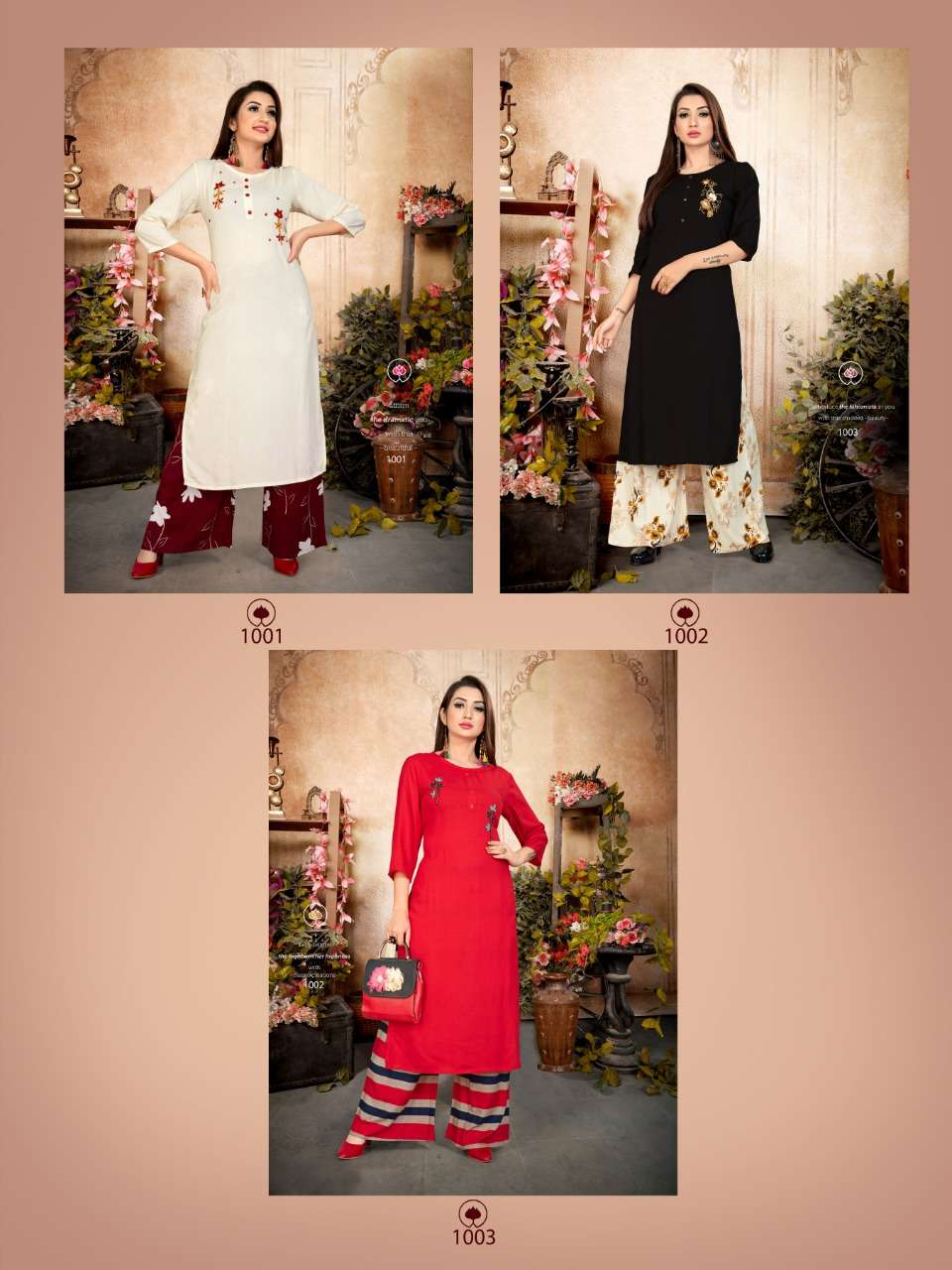 GLORINA BY VRUNDA TEX 1001 TO 1003 SERIES BEAUTIFUL COLORFUL STYLISH FANCY CASUAL WEAR & ETHNIC WEAR & READY TO WEAR HEAVY RAYON WORK KURTIS WITH BOTTOM AT WHOLESALE PRICE
