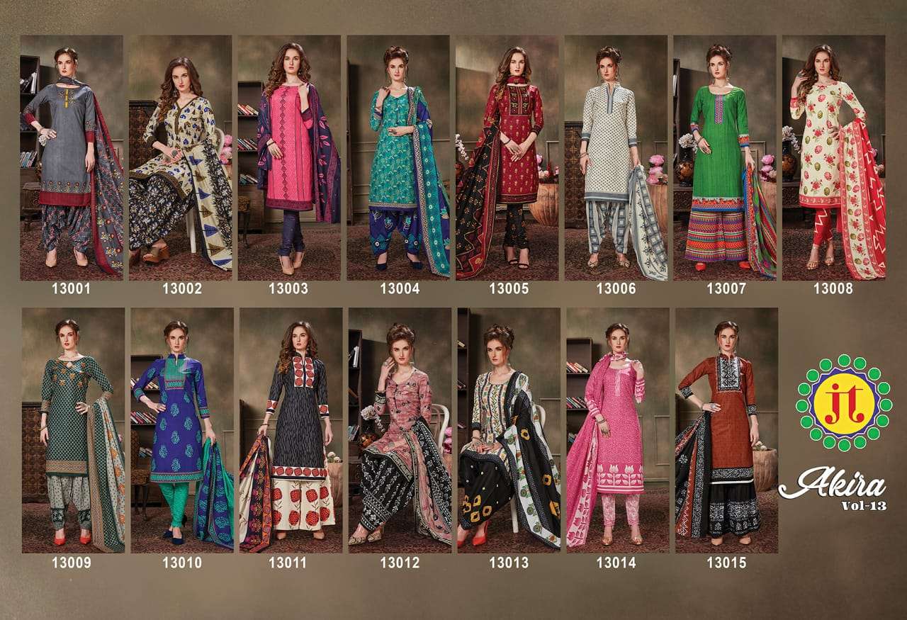 AKIRA VOL-13 BY JT 13001 TO 13015 SERIES BEAUTIFUL SUITS STYLISH FANCY COLORFUL PARTY WEAR & ETHNIC WEAR PURE COTTON PRINTED DRESSES AT WHOLESALE PRICE
