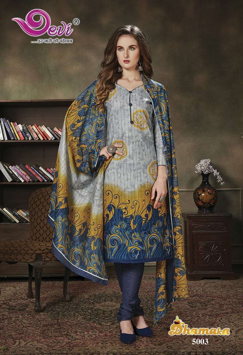 DHAMAKA VOL-5 BY DEVI 5001 TO 5012 SERIES BEAUTIFUL SUITS STYLISH FANCY COLORFUL PARTY WEAR & ETHNIC WEAR PURE COTTON PRINTED DRESSES AT WHOLESALE PRICE