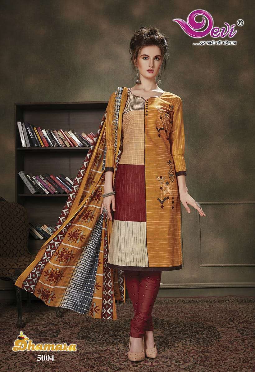 DHAMAKA VOL-5 BY DEVI 5001 TO 5012 SERIES BEAUTIFUL SUITS STYLISH FANCY COLORFUL PARTY WEAR & ETHNIC WEAR PURE COTTON PRINTED DRESSES AT WHOLESALE PRICE